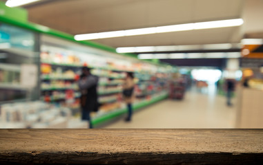 Supermarket background, Counter over blur grocery background, Wooden desk, table, shelf and blur woman shopping at supermarket, Wood counter for grocery store retail product display backdrop, template