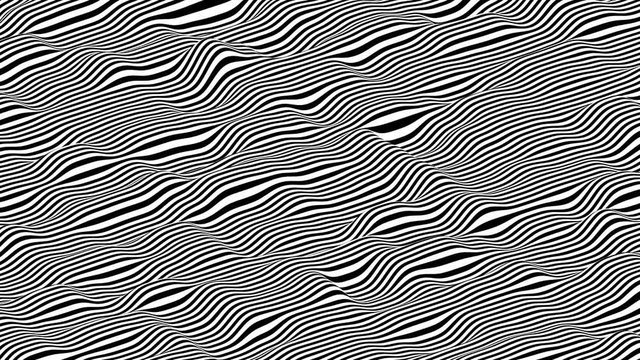 Black and white stripes waving surface. Modern minimalistic isometric background loop animation. 3D rendering.