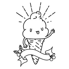 banner with black line work tattoo style ice cream character waving