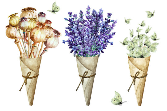 Bouquet of poppy capsules, lavender flowers and flock white butterflies in cone of paper. Isolated, hand drawn watercolor.