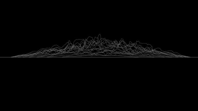 White lines forming distorted surface or waves on black background. Abstract CG animation, side view. 3d rendering.