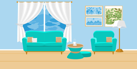 Living room interior vector. Design of a cozy room with sofa, window and decor accessories. Vector illustration about interior