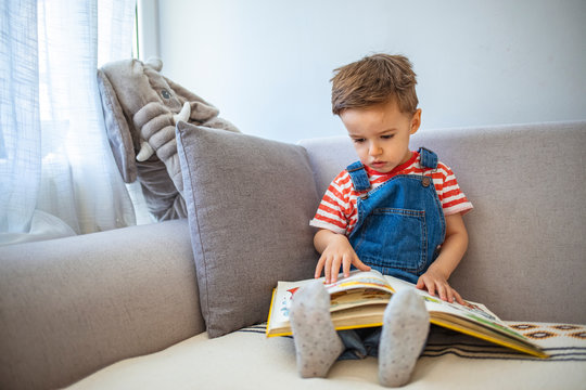 Shot of a little boy reading a book at home. He's becoming a keen reader. Anther day, another story to be read. Little, cheerful, three years old boy lying on the sofa, with open book in front of him.