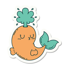 sticker of tattoo style happy squirting whale character