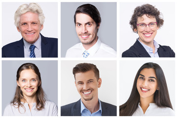 Collage with smiling co-workers of different age, gender and nationality. Senior workers pictured beside younger generation of employees. Generation gap concept
