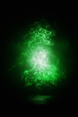 Abstract green smoke on a black background. Tabletop and spotlight immitation, suitable for product photography