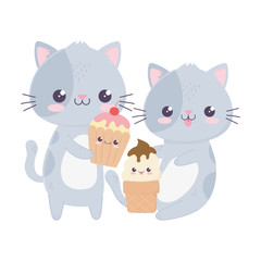 cute little cats with ice cream and cupcake kawaii cartoon character