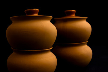 clay pot on black background
