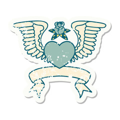 grunge sticker with banner of a heart with wings