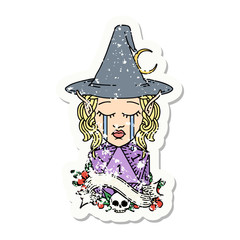 crying elf mage character face with natural one D20 roll grunge sticker