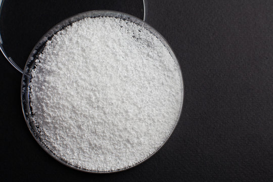 Laboratory Petri Dish With Samples Of White Synthetic Rubber On A Black Background Shot From Above