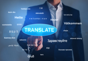 Online Translator, business and technology concept. Hand tapping button Translate over greeting...