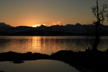 sunset, sky, sun, sunrise, nature, clouds,  landscape, evening, light, sea, cloud, blue beautiful, horizon, red, sunlight, mountain view, ocean tromso troms&oslash;  water travel tourism sea coast nature 