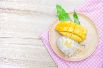 Top view fresh ripe mango and sticky rice with coconut milk, authentic Thai dessert high resolution