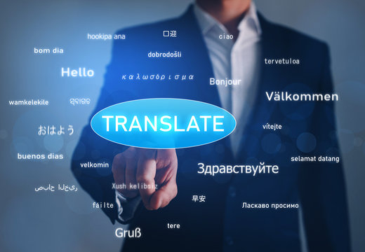Online Translator, business and technology concept. Hand tapping button Translate over greeting words in different foreign languages.