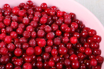 Frozen cranberry in pink plate on linen tablecloth
