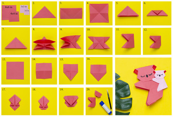 Step-by-step photo guide on how to bookmark an origami book in the form of a pink koala. DIY...