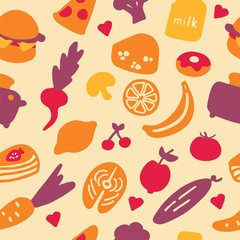 A hand-drawn set of food and dishes. Doodle collection of meal. Seamless pattern.