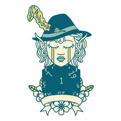 crying elf bard character with natural one D20 roll illustration