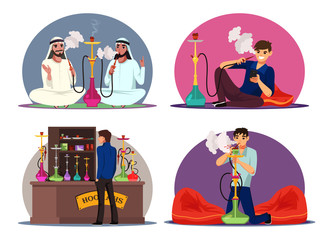 Set of vector relax characters man in hookah bar