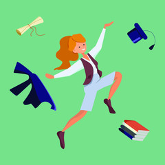 The girl with red hair is happy that the end of school. graduate against the background of scattered robes diploma and books, Graduate vector,