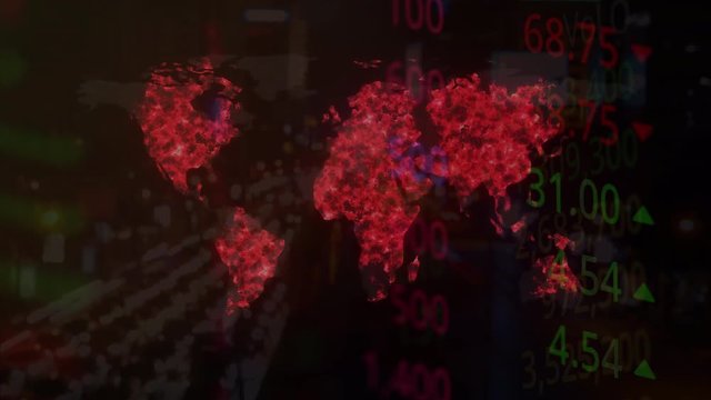 4K stop motion of gold coins graph by stack and donwing with stock market screen while trading sell and buy stock online and world of virus outbreak in background.financial and economic concept