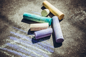 Chalk stick various colors close up, rainbow colorful chalk pastel for preschool children, kid stationary for art painting education, equality or lgbt gay pride flag or beautiful life concept