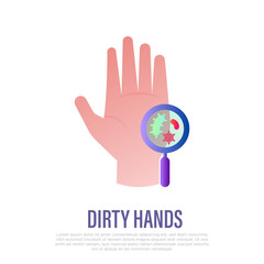 Dirty hands: hand bacterias under magnifier. Gradient icon. Heathcare and medical vector illustration.