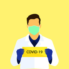 Hand drawn Vector of doctor holding covid-19 corona virus card sign with wearing mask. coronavirus outbreak emergency concept.