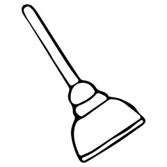 Vector image of a plunger for cleaning from blockages of waste pipes, sinks, toilets. Hand-drawn in Doodle style, black outline on a white isolated background