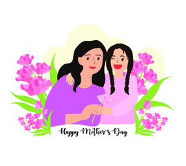 Mothers day greeting card concept. Mom and girl are smiling and hugging. Cartoon people character design happy mothers day child daughter hugging mom and giving her carnation flower as a present. Moth