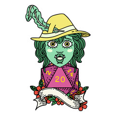 singing half orc bard with natural twenty dice roll illustration