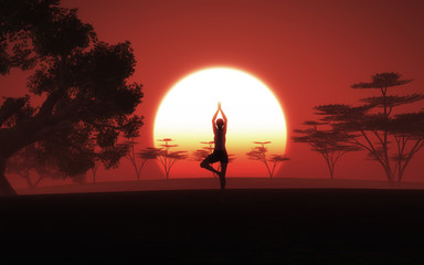 3D female in yoga pose in african landscape with sunset sky