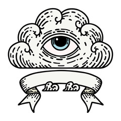 tattoo with banner of an all seeing eye cloud