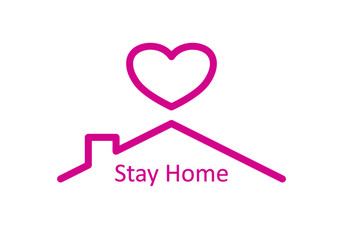 Vector logo a pink icon stay home with a line of roof and heart on a bove.