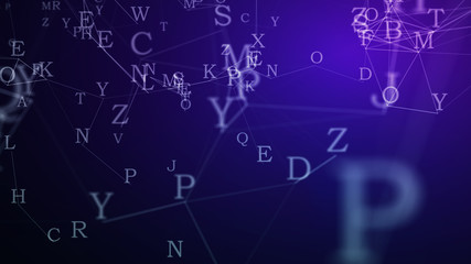Abstract alphabet ornament on color background. Education writing design concept. Random letters fly. 3d illustration.