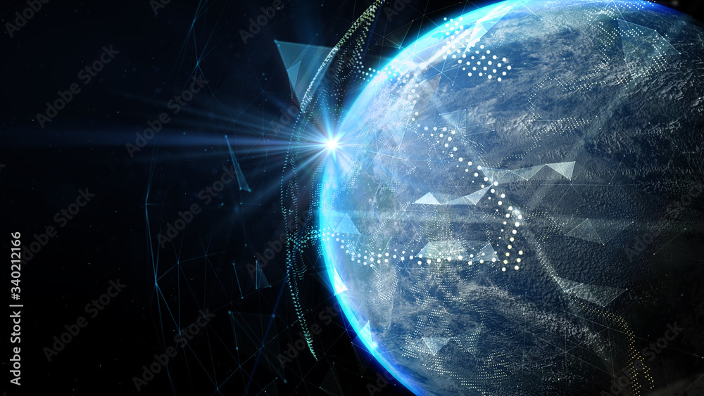 Wall mural the sun's rays over earth in outer space. global world network and telecommunication on earth. eleme