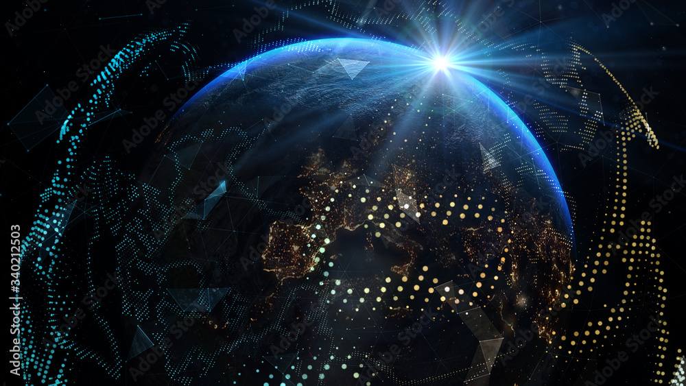 Wall mural global network connection and telecommunication on earth. elements of this image furnished by nasa -