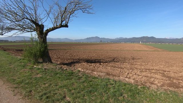 Farming meadow grass field in spring season with tress in foreground. In background small town in Slovenia and mountain range. Wide shot, dynamic left truck moving