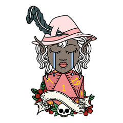 crying elf bard character face with natural one d20 dice roll illustration
