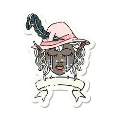 crying elf bard character face with banner illustration