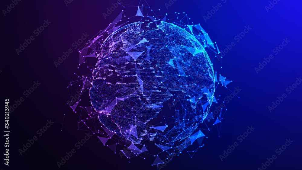 Wall mural global network connection. concept background with planet earth. internet and technology. blue backg