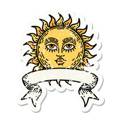 grunge sticker with banner of a sun with face