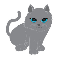 Cat Illustration clipart. A long-tailed gray cat sitting. Facing straight and It has big blue eyes. It is on a white ground. Hand draw art..