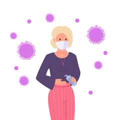 Young masked girl uses an antiseptic, stop pandemic cartoon. Coronavirus Covid 19 virus in air, concept against. Save from coronavirus outbreak prevention. Staying home. Vector illustration