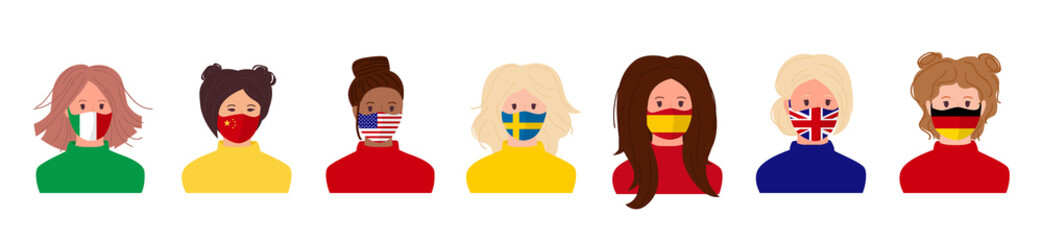 Set girls wearing medical masks colored flags of different countries cartoon. Stop coronavirus covid 19. Breath protective devices allergy for hospital. Save health. Vector illustration