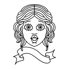 black linework tattoo with banner of female face