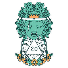 half orc barbarian with natural twenty dice roll illustration