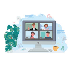 リモートワーク オンライン会議　在宅勤務　テレワーク　イラスト
