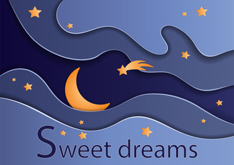 Moon and stars in the sky, sweet dreams paper cut vector illustration. Layout design for presentation, flyer, poster, greeting card, cover, and invitation. Colorful carving art. 3D abstract background